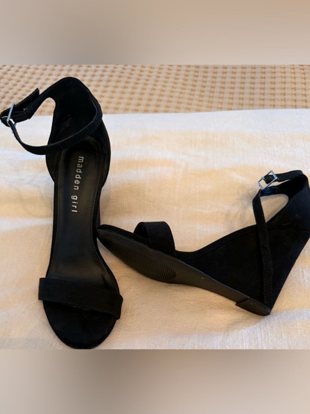 Madden Girl Black Suede Ankle-Strap Wedge Sandals
